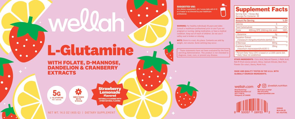 Wellah L-Glutamin Erdbeer-Limonade Geschmack (50 Portionen) - 5 g L-Glutamin pro Portion, mit Stevia gesüßt