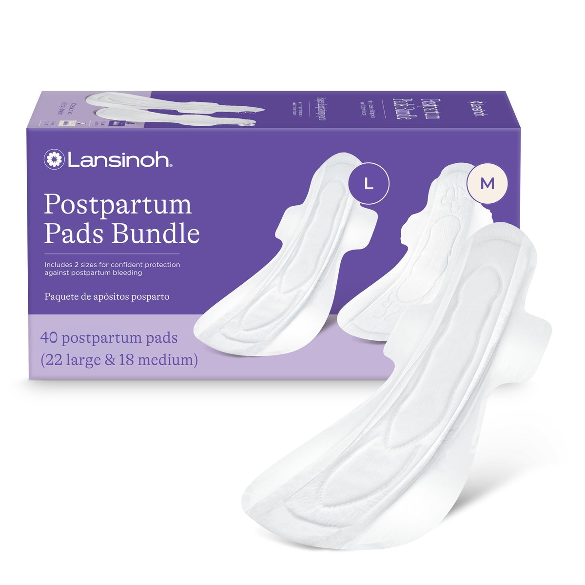 Lansinoh Postpartum Maxi Binden Bundle, 40 Stück, starke Saugfähigkeit für die Nacht, mit Flügeln, 2 Größen für extra Schutz, Wochenbett Essentials