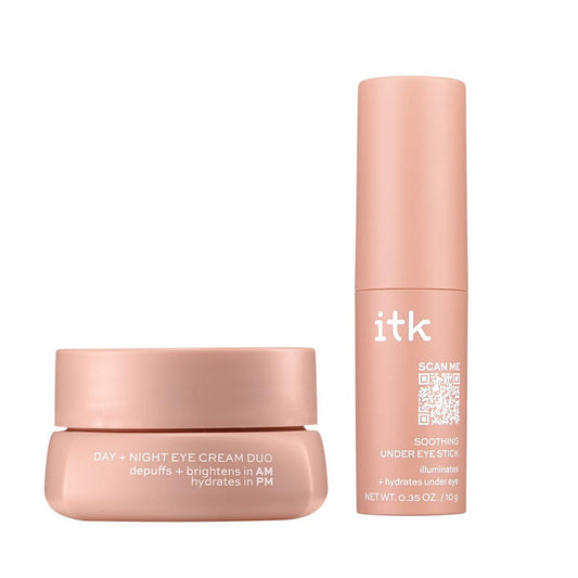ITK Skincare Augencreme Set – Koffein-Augenstift + Anti-Aging Tages- und Nachtcreme mit Vitamin C und Ceramiden – Straffen, Hydratisieren und Abschwellen