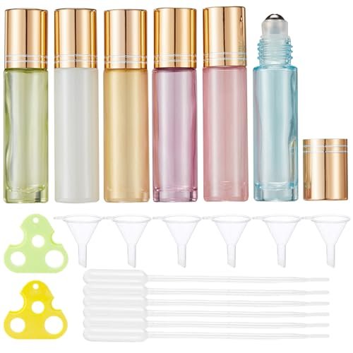Qeuly 10ml Roll-on Flaschen - 6 Farben Ätherische Ölflaschen, Dickes Glas mit Edelstahl-Rollkugeln, Leer für Aromatherapie, Parfums und Lippenbalsame