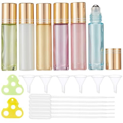 Qeuly 10ml Roll-on Flaschen - 6 Farben Ätherische Ölflaschen, Dickes Glas mit Edelstahl-Rollkugeln, Leer für Aromatherapie, Parfums und Lippenbalsame