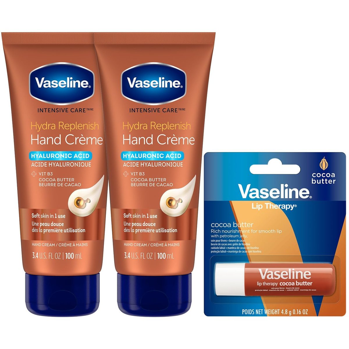 Vaseline Handcreme 2er-Pack – Hydra Replenish Creme mit Hyaluronsäure, Niacinamid & Kakaobutter für weiche Hände + Kakaobutter Lip Therapy Tube mit Vaseline