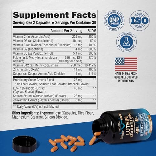 Augenvitamine mit Lutein & Zeaxanthin – AREDS2-basiertes Nahrungsergänzungsmittel für Senioren & Erwachsene – Unterstützt die Augengesundheit & Sehkraft – mit Safran, Zink, Vitaminen, Kupfer, Super Greens – Laborgeprüft – 60 Kapseln