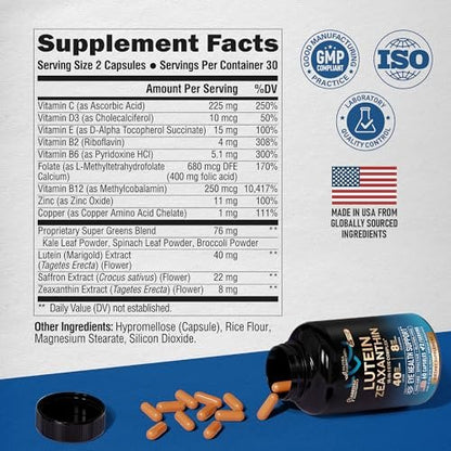 Augenvitamine mit Lutein & Zeaxanthin – AREDS2-basiertes Nahrungsergänzungsmittel für Senioren & Erwachsene – Unterstützt die Augengesundheit & Sehkraft – mit Safran, Zink, Vitaminen, Kupfer, Super Greens – Laborgeprüft – 60 Kapseln