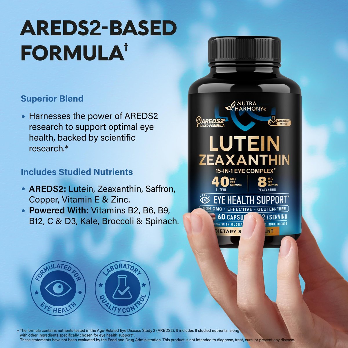 Augenvitamine mit Lutein & Zeaxanthin – AREDS2-basiertes Nahrungsergänzungsmittel für Senioren & Erwachsene – Unterstützt die Augengesundheit & Sehkraft – mit Safran, Zink, Vitaminen, Kupfer, Super Greens – Laborgeprüft – 60 Kapseln