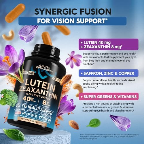 Augenvitamine mit Lutein & Zeaxanthin – AREDS2-basiertes Nahrungsergänzungsmittel für Senioren & Erwachsene – Unterstützt die Augengesundheit & Sehkraft – mit Safran, Zink, Vitaminen, Kupfer, Super Greens – Laborgeprüft – 60 Kapseln