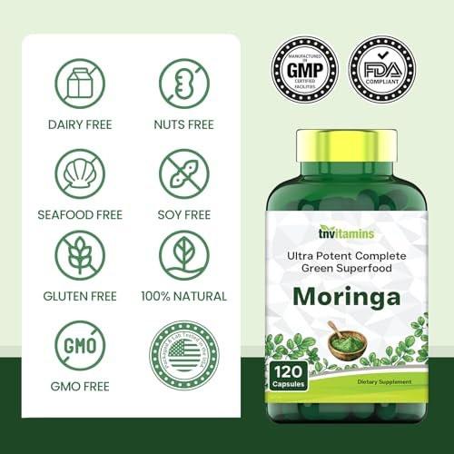 tnvitamins Moringa 120 Kapseln | Hochwertiger Moringa-Blatt-Extrakt Superfood Nahrungsergänzungsmittel für Energie, Vitalität & antioxidative Unterstützung