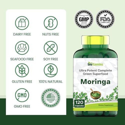 tnvitamins Moringa 120 Kapseln | Hochwertiger Moringa-Blatt-Extrakt Superfood Nahrungsergänzungsmittel für Energie, Vitalität & antioxidative Unterstützung