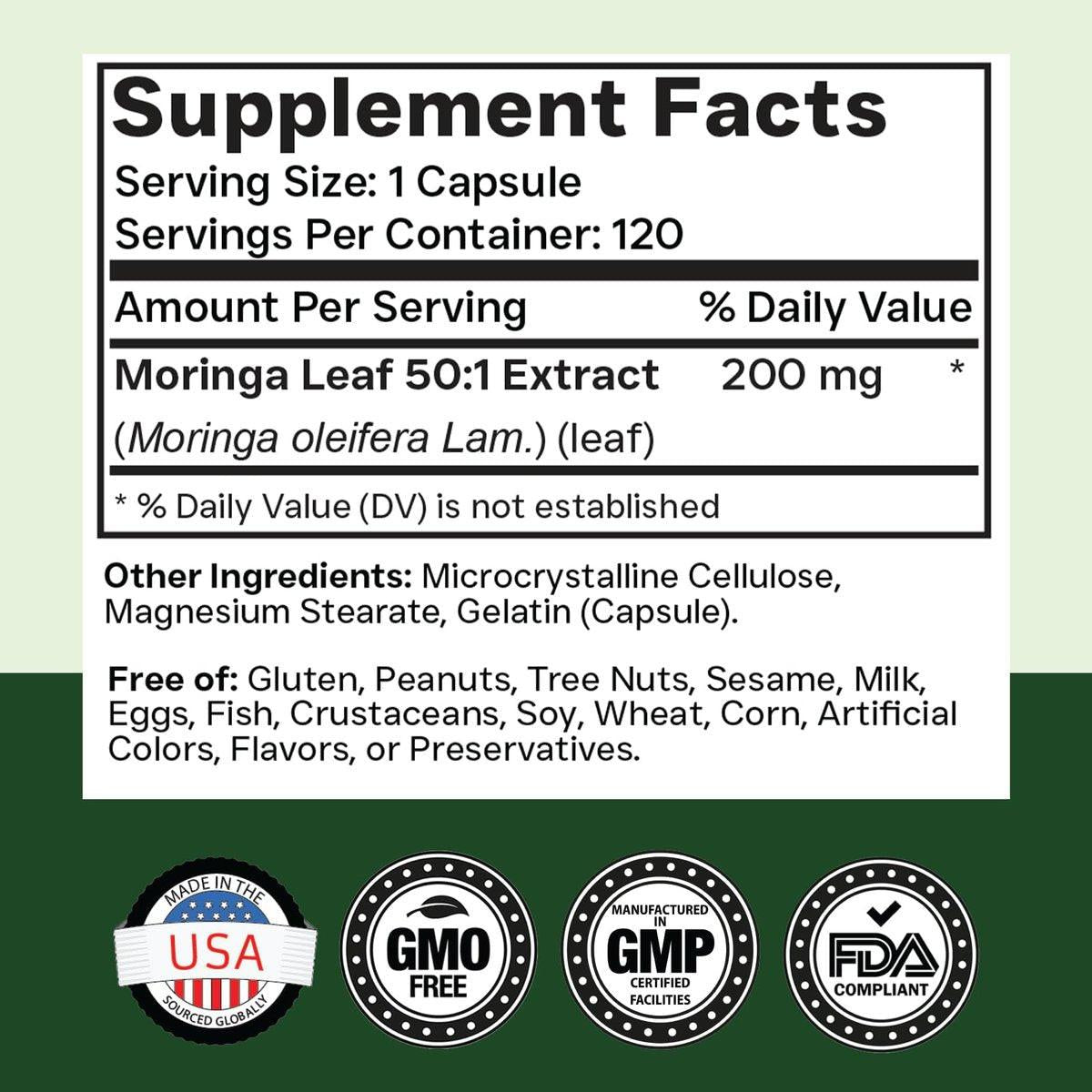 tnvitamins Moringa 120 Kapseln | Hochwertiger Moringa-Blatt-Extrakt Superfood Nahrungsergänzungsmittel für Energie, Vitalität & antioxidative Unterstützung