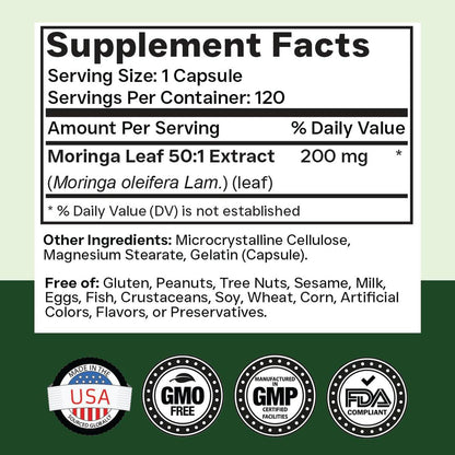 tnvitamins Moringa 120 Kapseln | Hochwertiger Moringa-Blatt-Extrakt Superfood Nahrungsergänzungsmittel für Energie, Vitalität & antioxidative Unterstützung