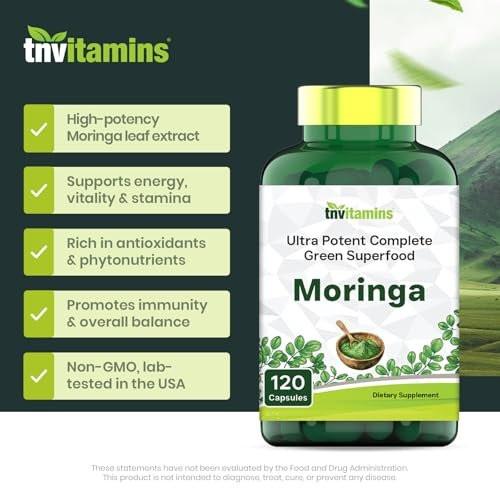 tnvitamins Moringa 120 Kapseln | Hochwertiger Moringa-Blatt-Extrakt Superfood Nahrungsergänzungsmittel für Energie, Vitalität & antioxidative Unterstützung