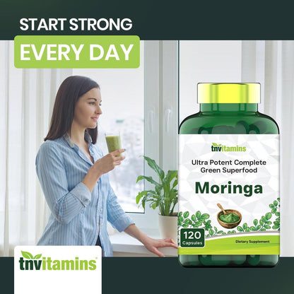 tnvitamins Moringa 120 Kapseln | Hochwertiger Moringa-Blatt-Extrakt Superfood Nahrungsergänzungsmittel für Energie, Vitalität & antioxidative Unterstützung