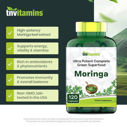 tnvitamins Moringa 120 Kapseln | Hochwertiger Moringa-Blatt-Extrakt Superfood Nahrungsergänzungsmittel für Energie, Vitalität & antioxidative Unterstützung