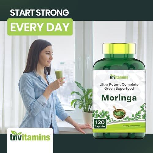 tnvitamins Moringa 120 Kapseln | Hochwertiger Moringa-Blatt-Extrakt Superfood Nahrungsergänzungsmittel für Energie, Vitalität & antioxidative Unterstützung