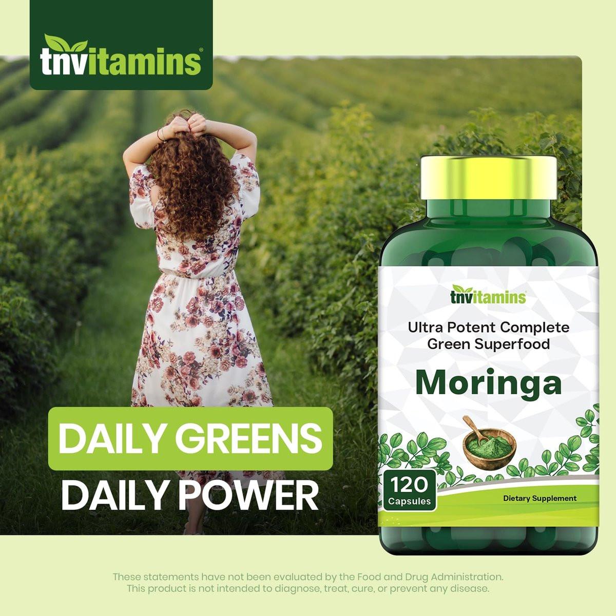 tnvitamins Moringa 120 Kapseln | Hochwertiger Moringa-Blatt-Extrakt Superfood Nahrungsergänzungsmittel für Energie, Vitalität & antioxidative Unterstützung