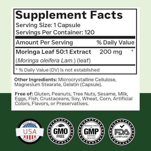 tnvitamins Moringa 120 Kapseln | Hochwertiger Moringa-Blatt-Extrakt Superfood Nahrungsergänzungsmittel für Energie, Vitalität & antioxidative Unterstützung