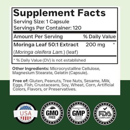 tnvitamins Moringa 120 Kapseln | Hochwertiger Moringa-Blatt-Extrakt Superfood Nahrungsergänzungsmittel für Energie, Vitalität & antioxidative Unterstützung