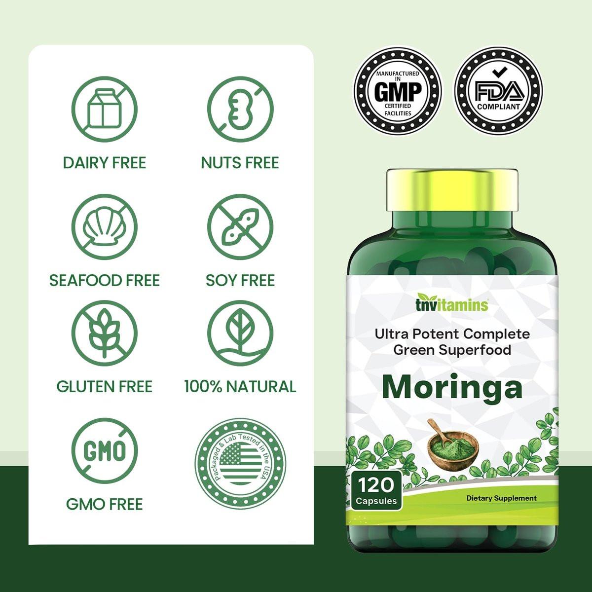 tnvitamins Moringa 120 Kapseln | Hochwertiger Moringa-Blatt-Extrakt Superfood Nahrungsergänzungsmittel für Energie, Vitalität & antioxidative Unterstützung