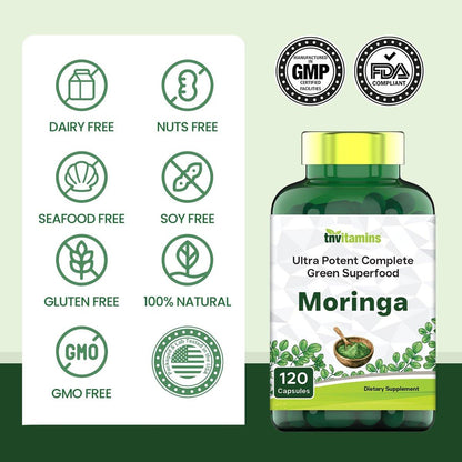 tnvitamins Moringa 120 Kapseln | Hochwertiger Moringa-Blatt-Extrakt Superfood Nahrungsergänzungsmittel für Energie, Vitalität & antioxidative Unterstützung