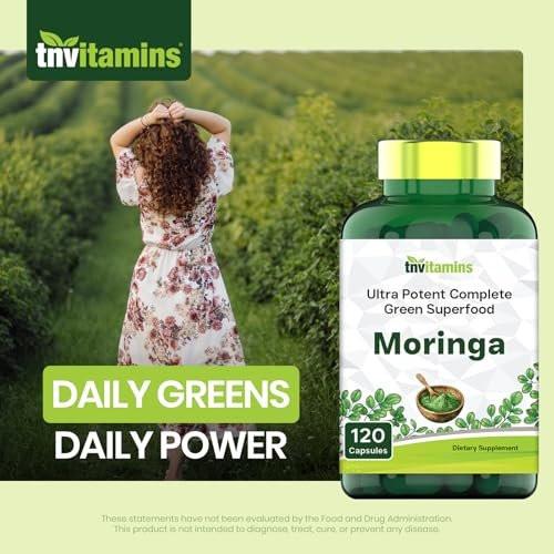 tnvitamins Moringa 120 Kapseln | Hochwertiger Moringa-Blatt-Extrakt Superfood Nahrungsergänzungsmittel für Energie, Vitalität & antioxidative Unterstützung