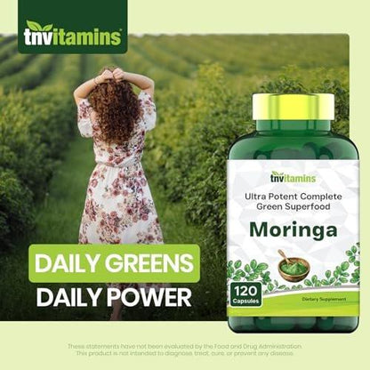 tnvitamins Moringa 120 Kapseln | Hochwertiger Moringa-Blatt-Extrakt Superfood Nahrungsergänzungsmittel für Energie, Vitalität & antioxidative Unterstützung