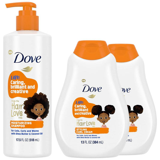 Dove Kids Feuchtigkeitsspendendes Shampoo + Lockencreme Twin Pack – Lockenprodukte für Kinder mit Kokoskeksduft (3-teiliges Set)