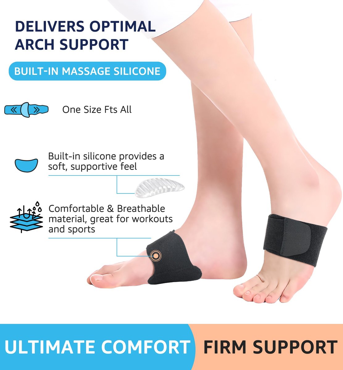HiRui Fußgewölbe-Stützbandagen (Paar) gegen Plantarfasziitis - Verstellbare Neopren-Fußgewölbe-Wraps mit Gel-Polstern für Plattfüße, hohes und gesenktes Fußgewölbe, über oder unter Socken tragbar, passen in alle Schuhe (Schwarz)
