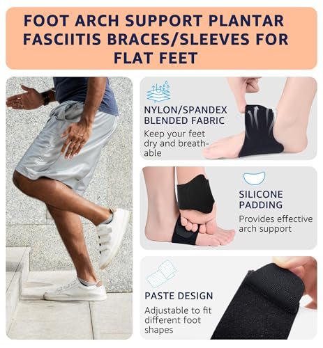 HiRui Fußgewölbe-Stützbandagen (Paar) gegen Plantarfasziitis - Verstellbare Neopren-Fußgewölbe-Wraps mit Gel-Polstern für Plattfüße, hohes und gesenktes Fußgewölbe, über oder unter Socken tragbar, passen in alle Schuhe (Schwarz)