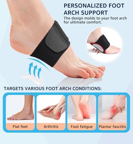 HiRui Fußgewölbe-Stützbandagen (Paar) gegen Plantarfasziitis - Verstellbare Neopren-Fußgewölbe-Wraps mit Gel-Polstern für Plattfüße, hohes und gesenktes Fußgewölbe, über oder unter Socken tragbar, passen in alle Schuhe (Schwarz)