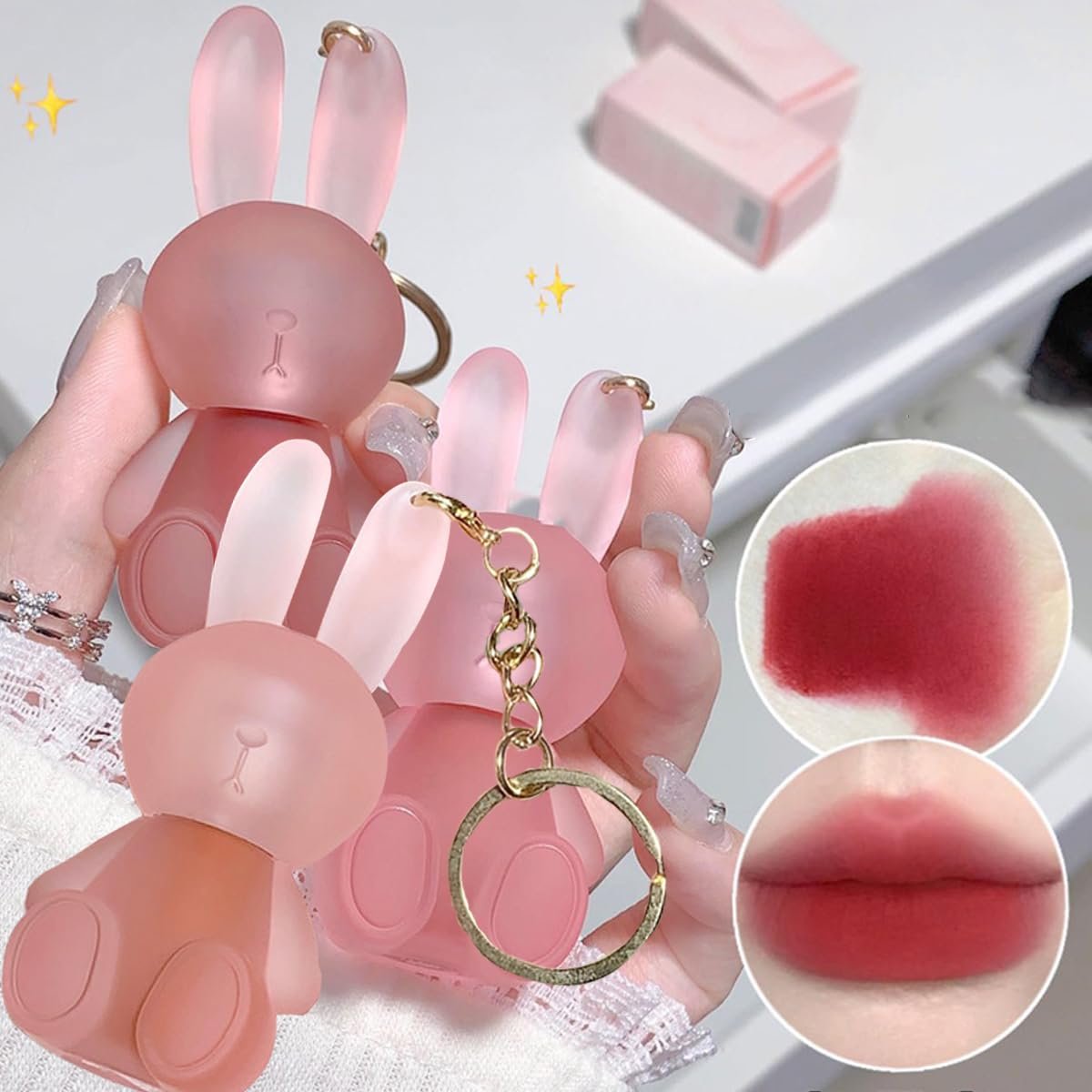 Baorder 3 Farben Niedlicher Hase Matt Flüssig Lippenset, Samt Lip Glaze 2 in 1 Schlüsselanhänger Kaninchen Lip Gloss Lippenstift, Wasserfest Lang anhaltend Nicht klebend Becher Lippen Ton für Mädchen