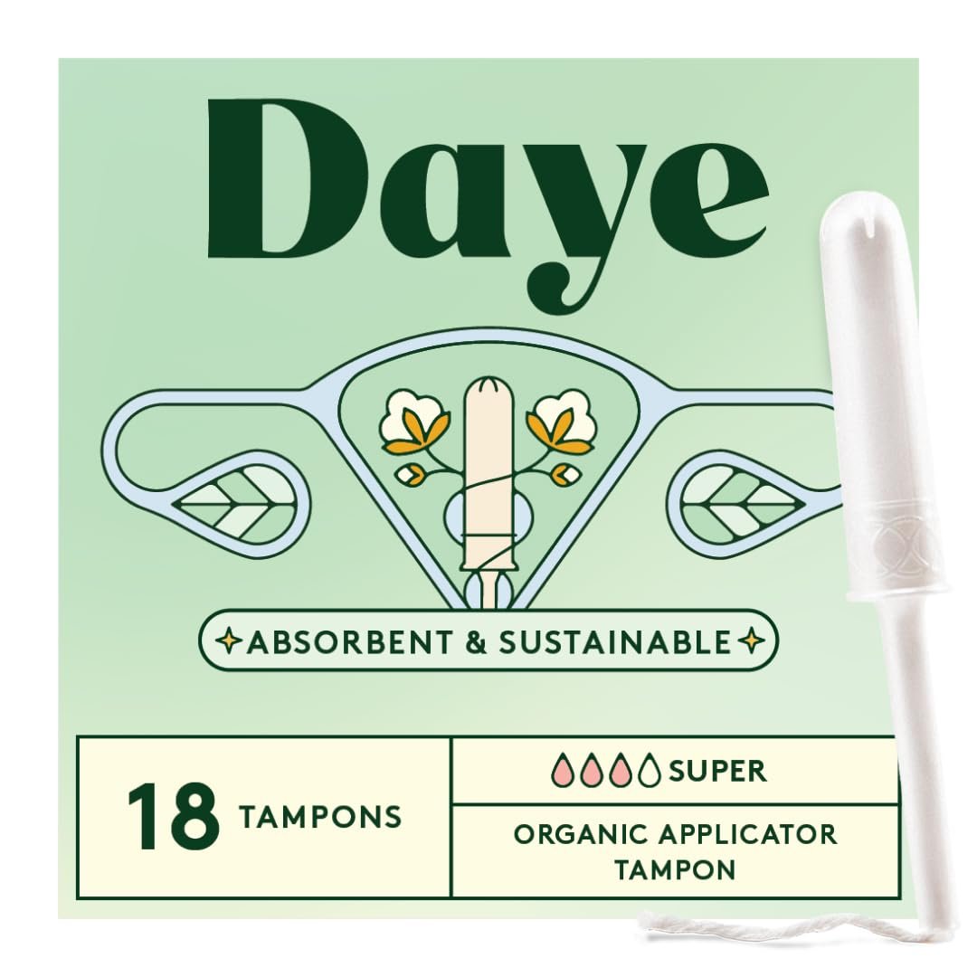 Daye Bio-Tampons Super | 18 Stück | Pestizid- & Schwermetall-getestet, 100 % Bio-Baumwolle für starke Tage | Nahtlose Hülle, Applikator aus Zuckerrohr