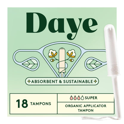 Daye Bio-Tampons Super | 18 Stück | Pestizid- & Schwermetall-getestet, 100 % Bio-Baumwolle für starke Tage | Nahtlose Hülle, Applikator aus Zuckerrohr