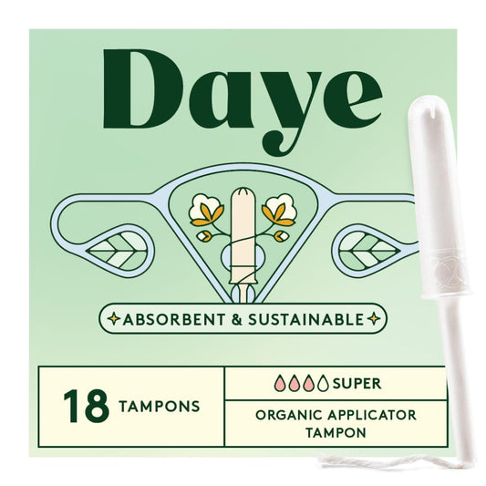 Daye Bio-Tampons Super | 18 Stück | Pestizid- & Schwermetall-getestet, 100 % Bio-Baumwolle für starke Tage | Nahtlose Hülle, Applikator aus Zuckerrohr