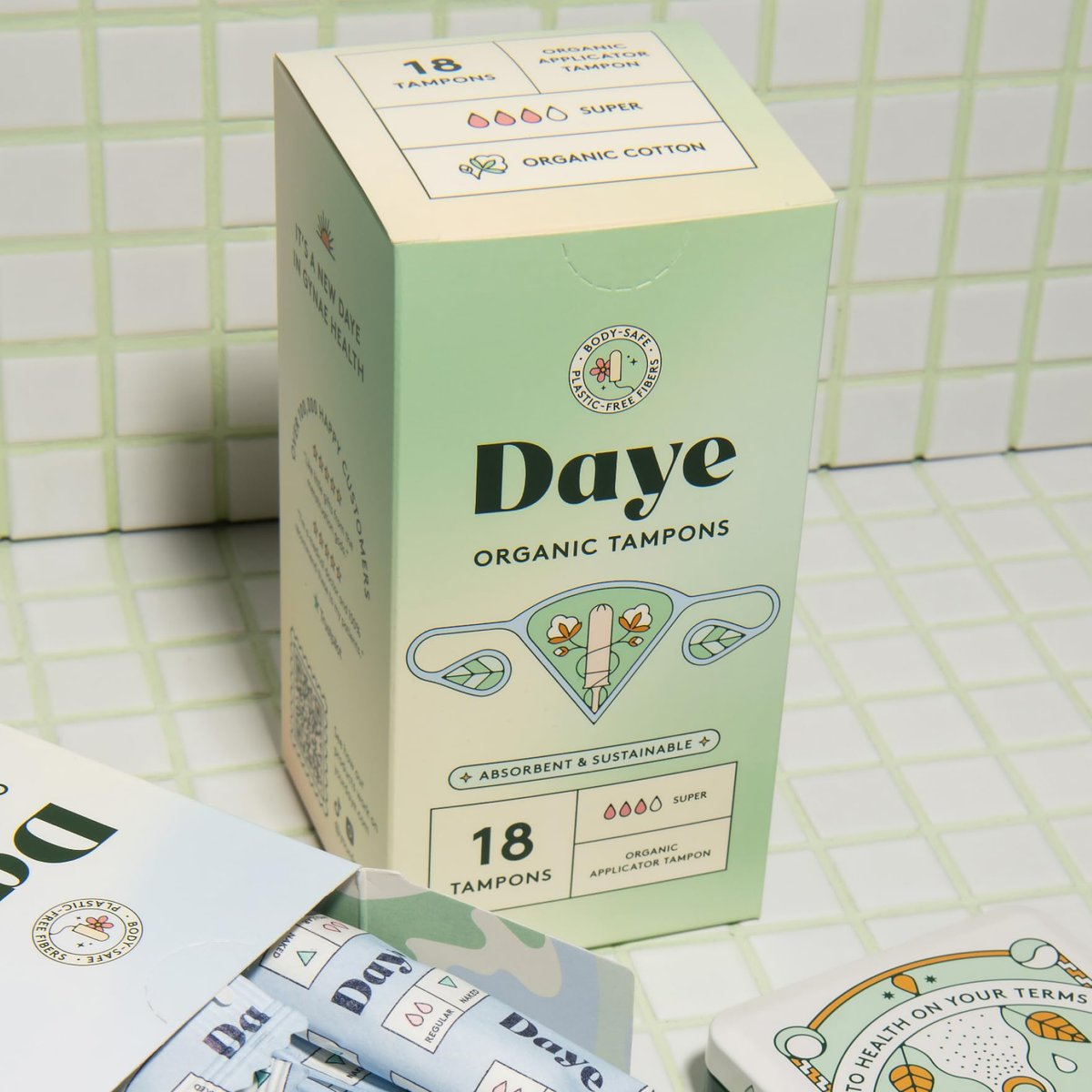 Daye Bio-Tampons Super | 18 Stück | Pestizid- & Schwermetall-getestet, 100 % Bio-Baumwolle für starke Tage | Nahtlose Hülle, Applikator aus Zuckerrohr
