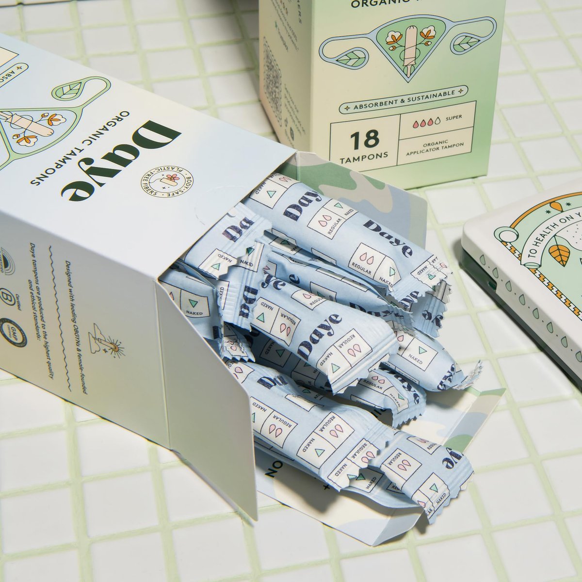 Daye Bio-Baumwoll-Tampons Regular | 18 Stück | Pestizid- & Metallgetestet, 100% Bio-Baumwolle, Beste Saugfähigkeit | Kein-Fusseln-Hülle, Zuckerrohr-Applikator