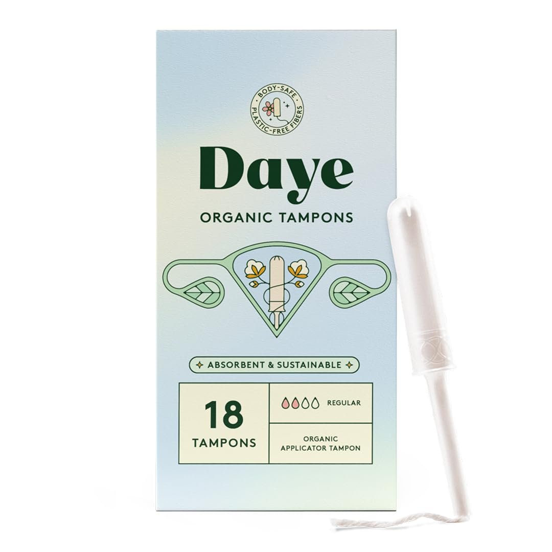 Daye Bio-Baumwoll-Tampons Regular | 18 Stück | Pestizid- & Metallgetestet, 100% Bio-Baumwolle, Beste Saugfähigkeit | Kein-Fusseln-Hülle, Zuckerrohr-Applikator