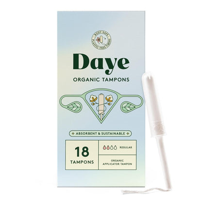 Daye Bio-Baumwoll-Tampons Regular | 18 Stück | Pestizid- & Metallgetestet, 100% Bio-Baumwolle, Beste Saugfähigkeit | Kein-Fusseln-Hülle, Zuckerrohr-Applikator