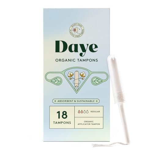 Daye Bio-Baumwoll-Tampons Regular | 18 Stück | Pestizid- & Metallgetestet, 100% Bio-Baumwolle, Beste Saugfähigkeit | Kein-Fusseln-Hülle, Zuckerrohr-Applikator