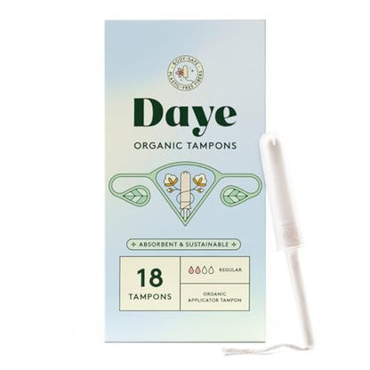 Daye Bio-Baumwoll-Tampons Regular | 18 Stück | Pestizid- & Metallgetestet, 100% Bio-Baumwolle, Beste Saugfähigkeit | Kein-Fusseln-Hülle, Zuckerrohr-Applikator