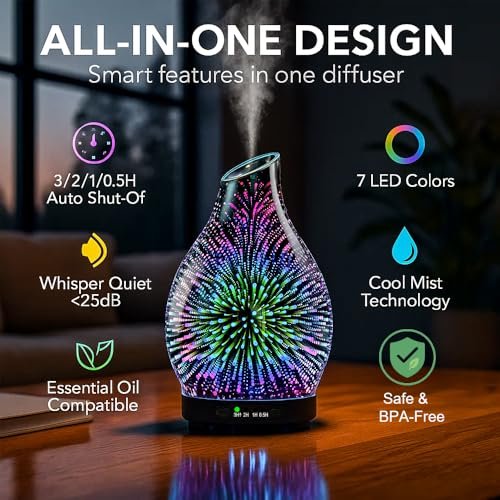 JOYOLO 120ML Aromatherapie Diffuser aus Glas, 3D-Feuerwerk-Effekt mit 7 Farben LED, Ultraschall-Luftbefeuchter mit Auto-Abschaltung und 4 Timer für Zuhause, Büro, Schlafzimmer