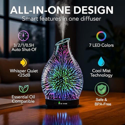 JOYOLO 120ML Aromatherapie Diffuser aus Glas, 3D-Feuerwerk-Effekt mit 7 Farben LED, Ultraschall-Luftbefeuchter mit Auto-Abschaltung und 4 Timer für Zuhause, Büro, Schlafzimmer