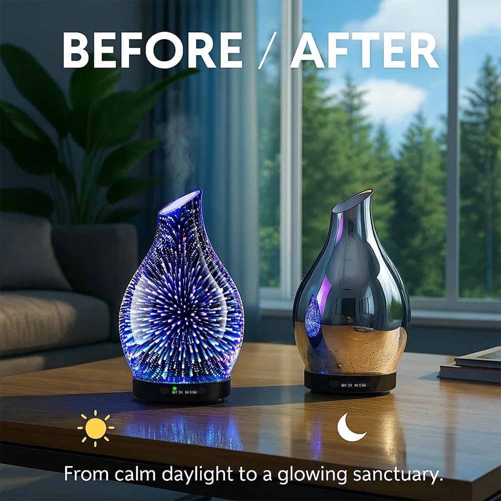 JOYOLO 120ML Aromatherapie Diffuser aus Glas, 3D-Feuerwerk-Effekt mit 7 Farben LED, Ultraschall-Luftbefeuchter mit Auto-Abschaltung und 4 Timer für Zuhause, Büro, Schlafzimmer