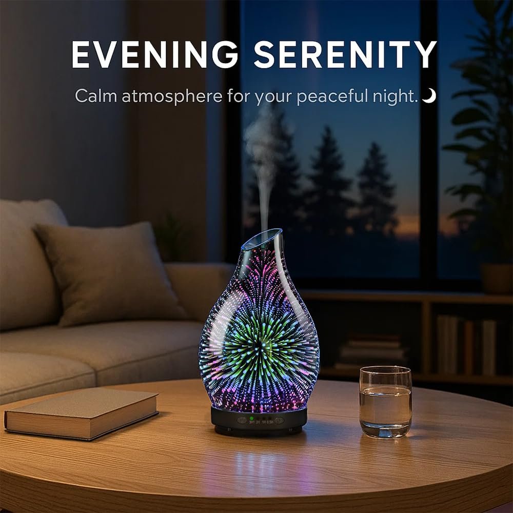 JOYOLO 120ML Aromatherapie Diffuser aus Glas, 3D-Feuerwerk-Effekt mit 7 Farben LED, Ultraschall-Luftbefeuchter mit Auto-Abschaltung und 4 Timer für Zuhause, Büro, Schlafzimmer