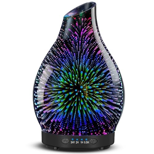 JOYOLO 120ML Aromatherapie Diffuser aus Glas, 3D-Feuerwerk-Effekt mit 7 Farben LED, Ultraschall-Luftbefeuchter mit Auto-Abschaltung und 4 Timer für Zuhause, Büro, Schlafzimmer