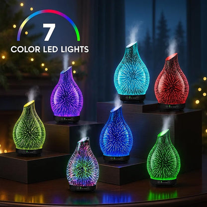 JOYOLO 120ML Aromatherapie Diffuser aus Glas, 3D-Feuerwerk-Effekt mit 7 Farben LED, Ultraschall-Luftbefeuchter mit Auto-Abschaltung und 4 Timer für Zuhause, Büro, Schlafzimmer