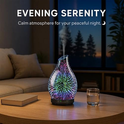 JOYOLO 120ML Aromatherapie Diffuser aus Glas, 3D-Feuerwerk-Effekt mit 7 Farben LED, Ultraschall-Luftbefeuchter mit Auto-Abschaltung und 4 Timer für Zuhause, Büro, Schlafzimmer