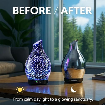JOYOLO 120ML Aromatherapie Diffuser aus Glas, 3D-Feuerwerk-Effekt mit 7 Farben LED, Ultraschall-Luftbefeuchter mit Auto-Abschaltung und 4 Timer für Zuhause, Büro, Schlafzimmer