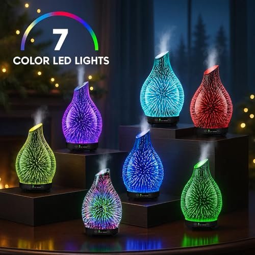 JOYOLO 120ML Aromatherapie Diffuser aus Glas, 3D-Feuerwerk-Effekt mit 7 Farben LED, Ultraschall-Luftbefeuchter mit Auto-Abschaltung und 4 Timer für Zuhause, Büro, Schlafzimmer