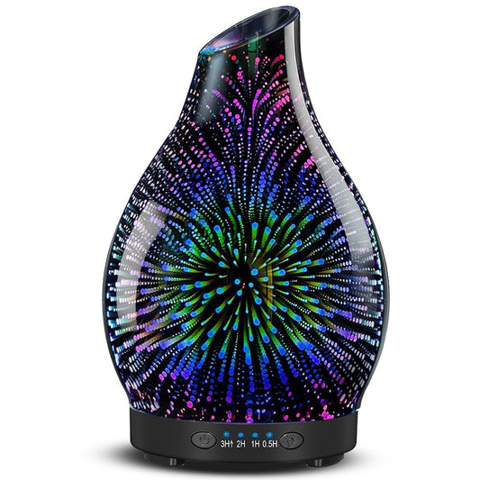 JOYOLO 120ML Aromatherapie Diffuser aus Glas, 3D-Feuerwerk-Effekt mit 7 Farben LED, Ultraschall-Luftbefeuchter mit Auto-Abschaltung und 4 Timer für Zuhause, Büro, Schlafzimmer