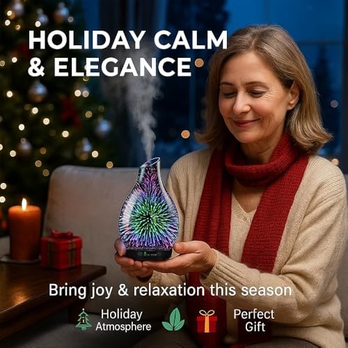 JOYOLO 120ML Aromatherapie Diffuser aus Glas, 3D-Feuerwerk-Effekt mit 7 Farben LED, Ultraschall-Luftbefeuchter mit Auto-Abschaltung und 4 Timer für Zuhause, Büro, Schlafzimmer